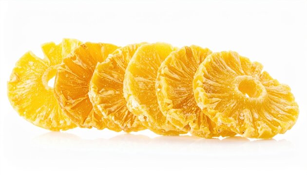 Row of freeze-dried pineapple slices isolated on white background