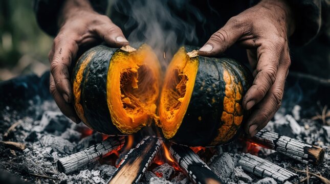 Dirty hands break open roasted kabocha squash over hot grey embers. Steam rises from cooked orange pumpkin inside charcoal fire. Primitive cooking method using wood ash, burning coals for rustic