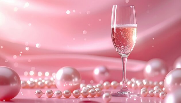 Champagne glass with pearls on pink background, luxury celebration