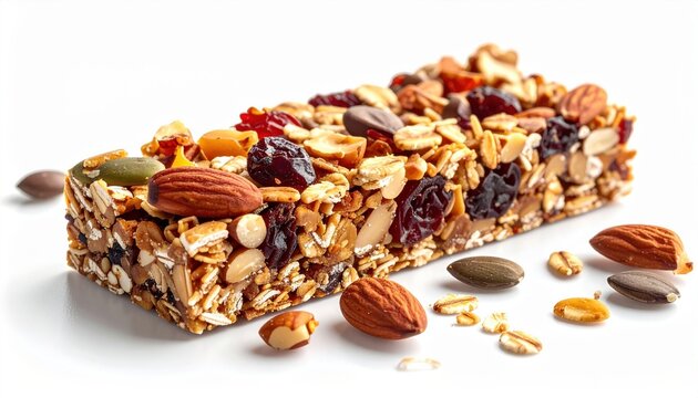 Organic granola bar cut in half showing nuts and seeds, isolated on white background