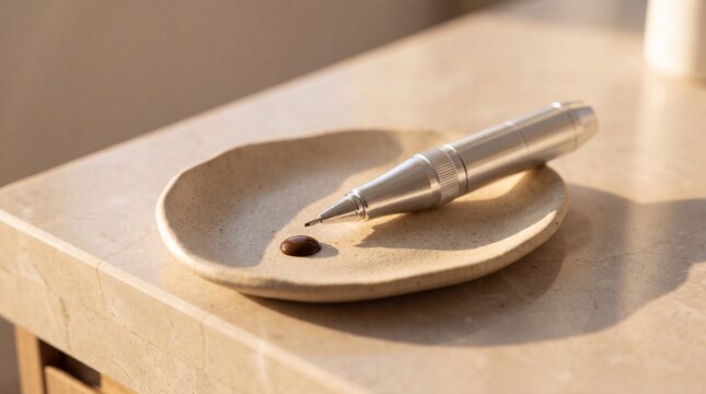 Permanent Makeup Machine Pen on Ceramic Dish for Beauty Salon Social Media Background