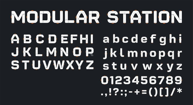 Modular Station Font Alphabet and Numbers Modern White Typeface on Dark Background