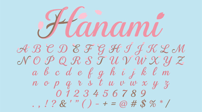 Hanami Font Elegant Script Alphabet Uppercase Lowercase Numbers and Symbols with Cherry Blossom Accents