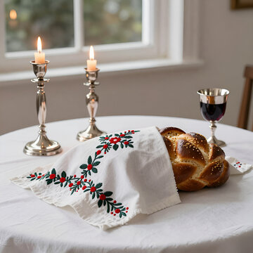 Shabbat table with lit candles challah cover and kiddush cup