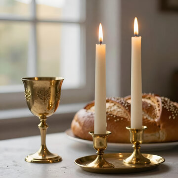 Two lit candles in brass holders with kiddush cup and challah