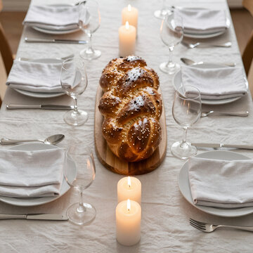 Overhead view of set Shabbat dinner table with challah and candles