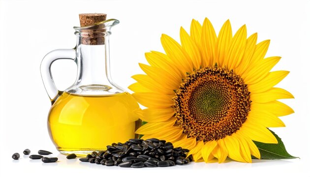 Transparent bottle of sunflower oil with sunflower seeds and flower isolated on white background