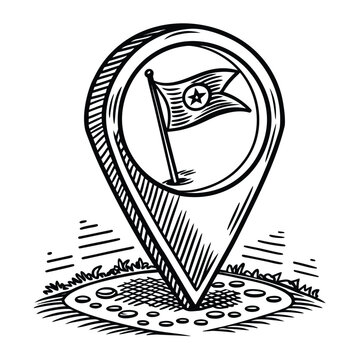 Black and white illustration of a map location pin icon with a flag