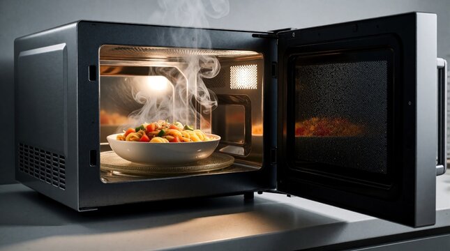 Food heats in microwave oven releasing steam. Open door shows cooked pasta dish with vegetables. Modern kitchen appliance provides quick meal prep.