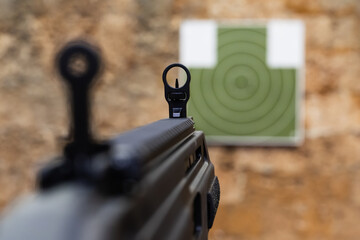 Aiming through diopter iron sights at a target in a shooting range. © Dmitri