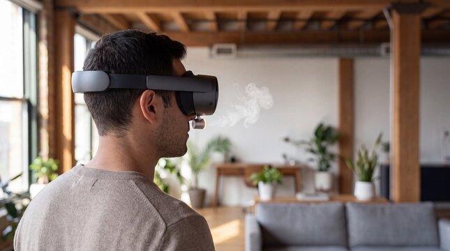 Black Man Wearing VR Scent Headset in Modern Loft for Immersive Technology Website Banner