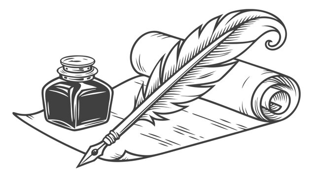 Vector illustration Vintage quill pen with inkwell and scroll paper