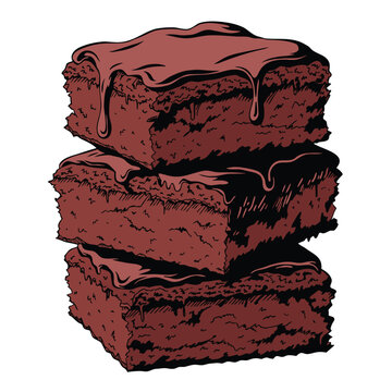 Stack of delicious chocolate brownies with icing glaze, hand drawn style vector illustration