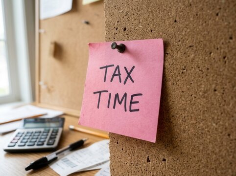 Tax Time Reminder On Pink Sticky Note Pinned To Corkboard