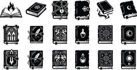 Set of magical spell books and ancient grimoires for halloweeen themed designs and mystical occult projects ©  