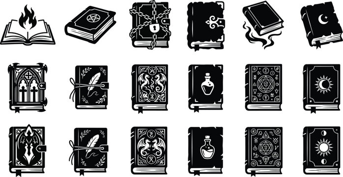 Set of magical spell books and ancient grimoires for halloweeen themed designs and mystical occult projects