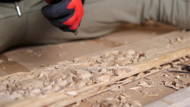 Wood carving hand guides chisel across plank, lifting rough shavings and exposing textured lines. Red and black glove grips tool firmly during manual shaping, revealing carved surface detail.
