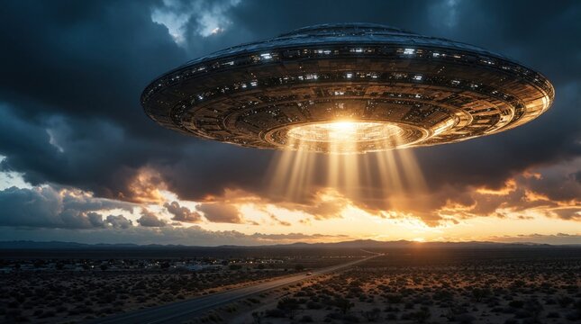 Metallic disc shaped UFO descends from cloudy sky casting light beams on desert landscape. Alien craft hovers over road near town at sunset. Extraterrestrial mystery unfolds.
