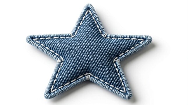 Blue denim star patch with white stitching sits on a white background. This sewn embellishment suggests quality achievement or handmade craft for apparel.