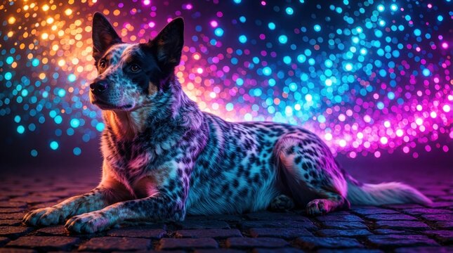 Australian Stumpy Tail Cattle Dog lies on cobblestone street under colorful bokeh lights. Intelligent pet poses with alert expression against vibrant neon backdrop. Loyal canine looks off camera.