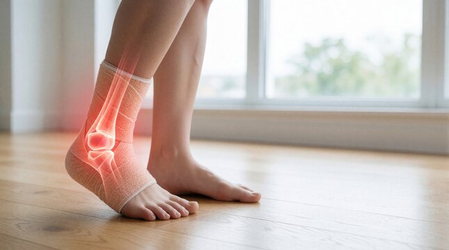 Person stands with injured ankle wrapped in bandage on wooden floor. Visible bone structure with red inflammation highlights joint pain area and need for recovery treatment. Healthy foot nearby.
