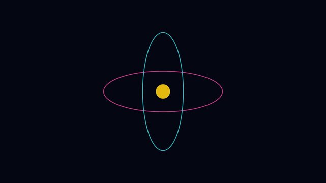 Minimalist rotating atom animation with neon orbital rings on dark 4k background, science physics education