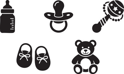 Fototapeta premium Baby Bottle Pacifier and Newborn Essentials Icon Set Silhouette