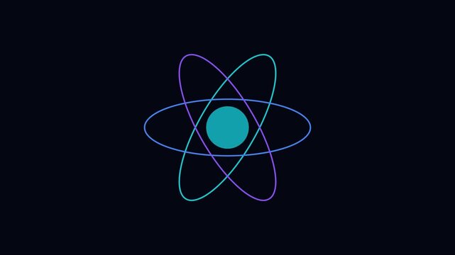 Neon atom model rotating animation, abstract science particle physics background, glowing quantum structure concept 4k