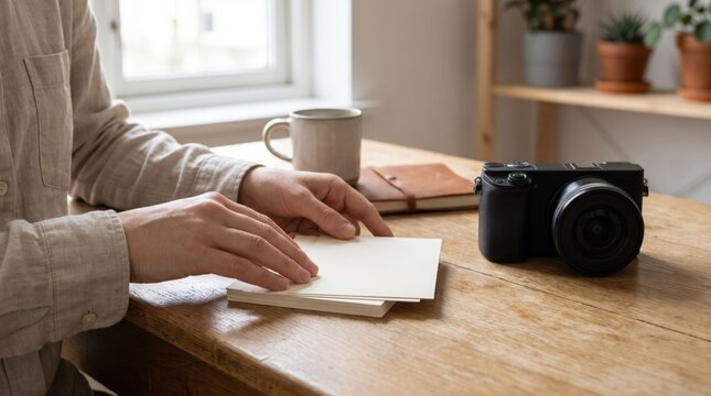 Person organizing blank paper cards next to black camera on desk