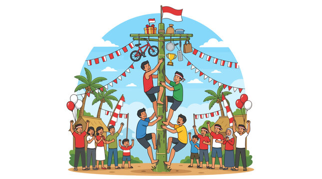 Indonesian Panjat Pinang traditional pole climbing festival.