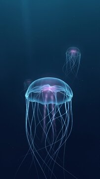 Glowing bioluminescent jellyfish pulsing in dark deep water with soft light rays and drifting plankton, vertical video seamless loop 4K
