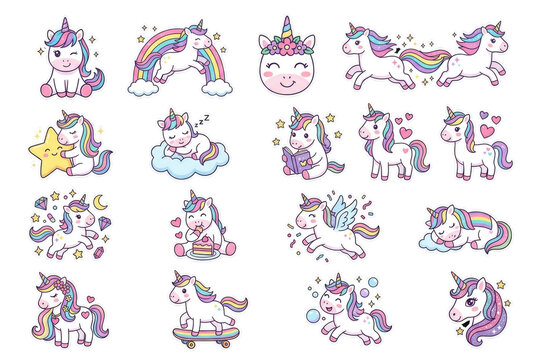 Set of cute unicorn stickers featuring pastel characters and rainbows. Concept of magical childhood and imaginative play. PNG