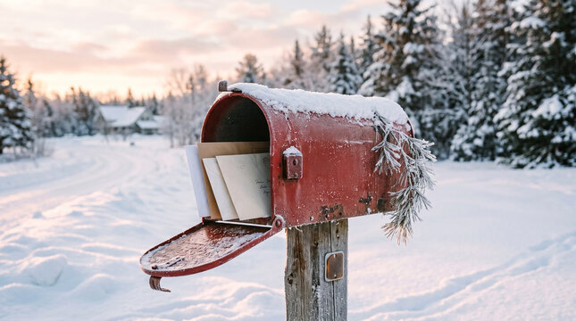 snowy rural red mailbox with mail and pine branch in winter landscape