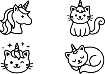 Fototapeta premium Cute caticorn fantasy unicorn cat vector icon set with magical character line art illustration