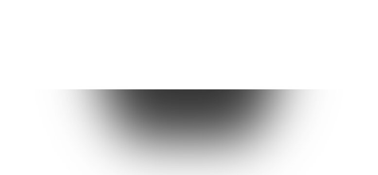 Horizontal realistic dark grey drop shadow graphic effect with soft blurred gradient edges isolated on plain white background.