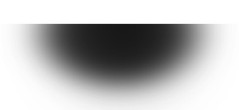 Realistic dark black semi circular drop shadow overlay texture element with soft blurred gradient edges on white background.