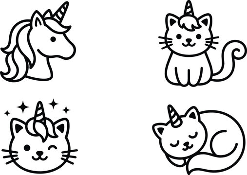 Cute caticorn fantasy unicorn cat vector icon set with magical character line art illustration