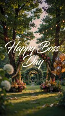 Obraz premium Happy Boss Day Glowing White Script Calligraphy with Floral Garden Arches, String Lights, and Golden Balloons Vertical Backdrop