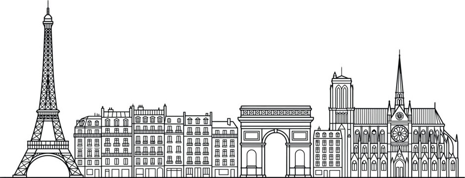 A detailed black and white line drawing illustration featuring the iconic paris skyline with famous landmarks and traditional french architecture