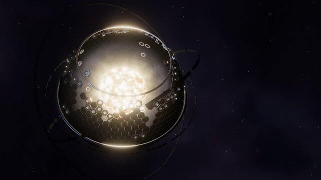 Dyson sphere megastructure under construction around a blazing star, hexagonal solar panels and orbital rings in deep space, seamless loop 4K