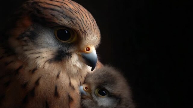 Explore the captivating connection between a falcon and its chick. This video showcases the beauty of wildlife and the bond of family. A true nature-inspired visual experience. AI