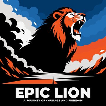 Epic Lion Poster &mdash; An enormous majestic lion roaring against a dramatic sunset, dust and clouds behind it, powerful composition, movie-poster aesthetic, ultra-realistic 8K detail.