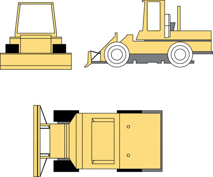 Technical flat vector orthographic projection illustrations of a heavy construction wheel bulldozer or compactor machine, featuring multi-angle views including front elevation, side profile