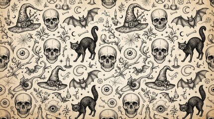 Fototapeta premium Black and White vintage style Halloween pattern with skulls black cats bats witch hats and eyes in hand-drawn monochrome illustration