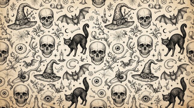 Black and White vintage style Halloween pattern with skulls black cats bats witch hats and eyes in hand-drawn monochrome illustration