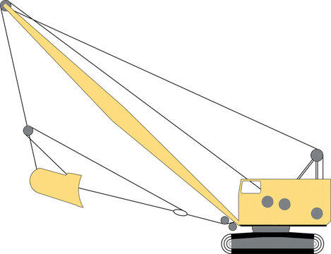 Technical flat vector illustration of a crawler dragline excavator construction machine, featuring tracks, a cab, a long boom arm, suspension cables, pulleys