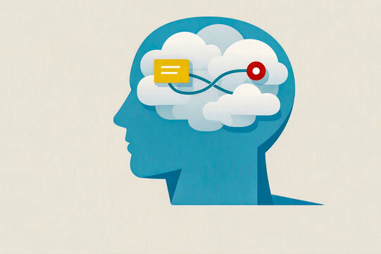 Minimalist concept illustration of brain fog, mental clarity, and complex thought processes navigating to a clear goal