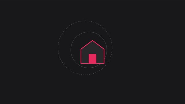 Minimalist house animation with pulsing circle effect for real estate and smart home technology concepts 4k