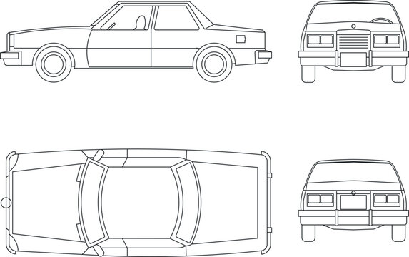 Set of clean line art vector orthographic projections of a classic sedan automobile, showing multi-angle views including side profile, top-down plan layout, front elevation, and rear elevation views.