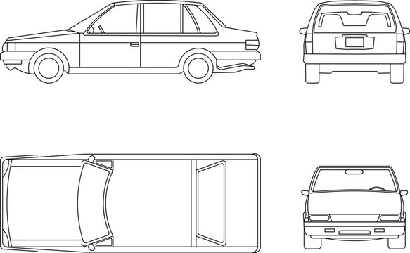 Technical CAD set featuring side, rear, front elevations, and a top-down plan view of automobiles, including a sedan and a utility vehicle.